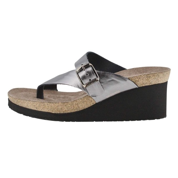 Mephisto Shoes - Mephisto Tyfanie silver leather cork foot bed wedge sandals